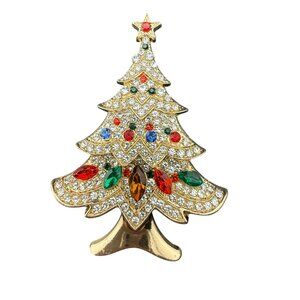 Christmas Tree Brooch Pin Multicolor Rhinestones Gold‎ Tone Holiday Jewelry